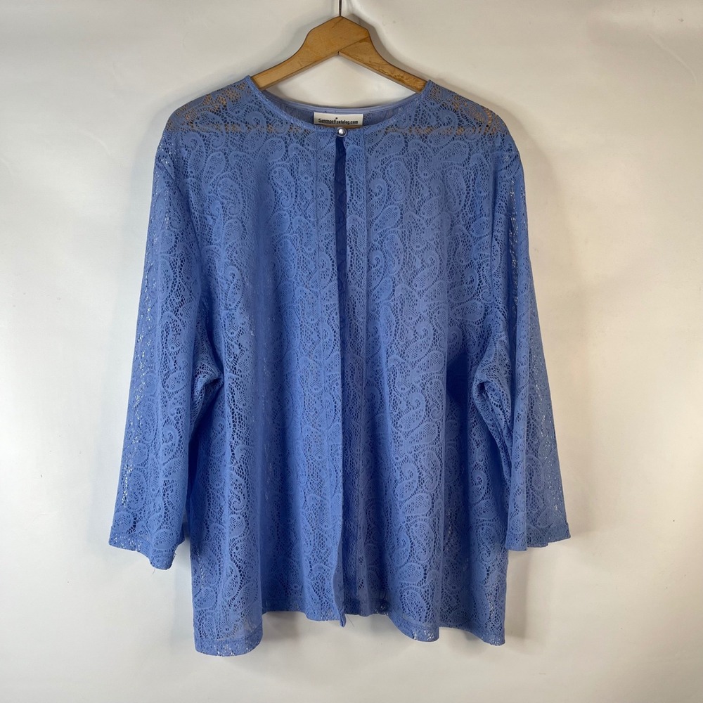 Serengeti Lace Cardigan Women 3X Blue Paisley Sheer Open Front 3/4 Sleeve - Picture 2 of 9